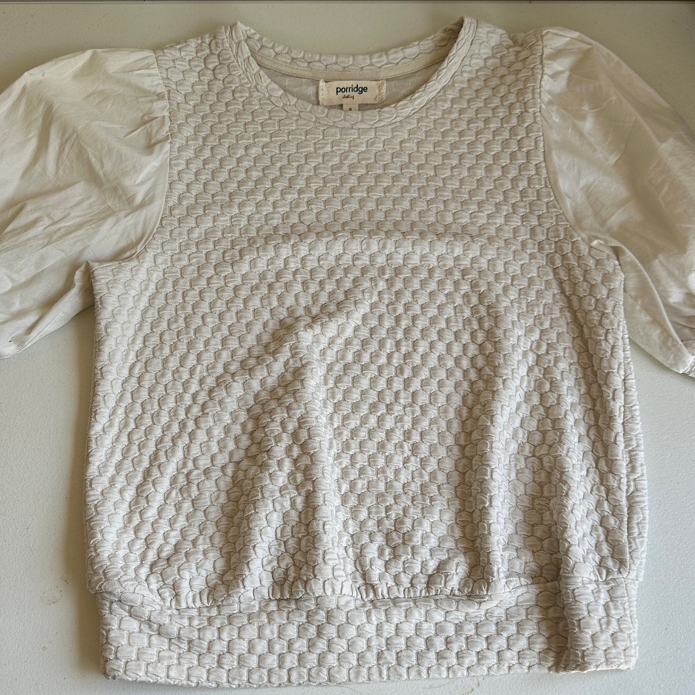 Cream Boxy Blouse with Ribbed Short Sleeves